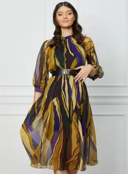 Rochie Cezara neagra cu imprimeu kaki-albastru si curea in talie