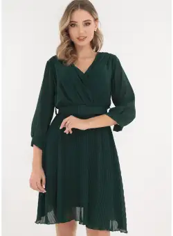 Rochie clos verde-smarald cu fusta plisata si curea in talie