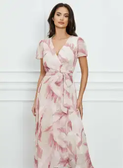 Rochie Dana roz cu imprimeuri bej si cordon in talie