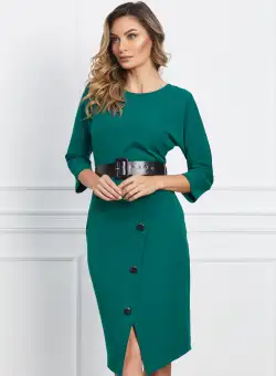 Rochie Doina verde cu nasturi pe fusta si curea in talie