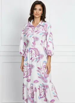 Rochie Dorina alba cu imprimeuri fucsia