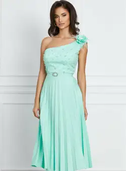 Rochie Dorina verde mint cu umar gol si perle la bust