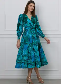 Rochie Dy Fashion albastra cu imprimeu verde si curea in talie