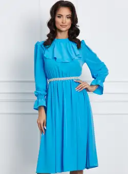 Rochie Dy Fashion bleu cu volanas la bust si perle in talie