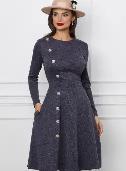 Rochie Dy Fashion bleumarin cu fir lurex si nasturi decorativi