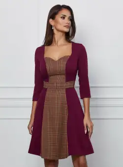 Rochie Dy Fashion bordo cu carouri maro