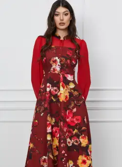 Rochie Dy Fashion bordo cu imprimeuri florale galbene si nasturi