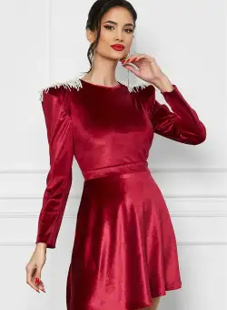 Rochie Dy Fashion bordo din catifea cu franjuri la umeri
