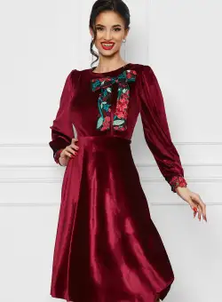 Rochie Dy Fashion bordo din catifea cu funda si mansete din dantela