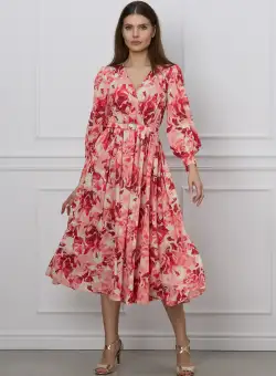 Rochie Dy Fashion corai cu imprimeu alb si curea in talie