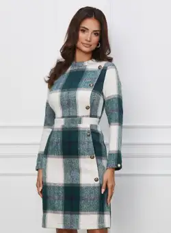 Rochie Dy Fashion ivory cu carouri verzi