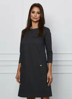 Rochie Dy Fashion lejera gri cu imprimeuri negre si buzunare