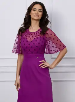 Rochie Dy Fashion magenta cu tull si buline catifelate la bust