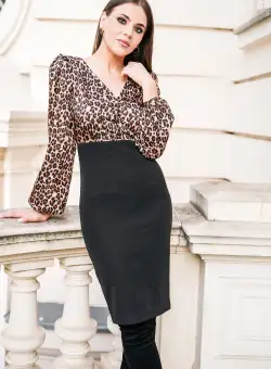 Rochie Dy Fashion neagra cu animal print maro la bust