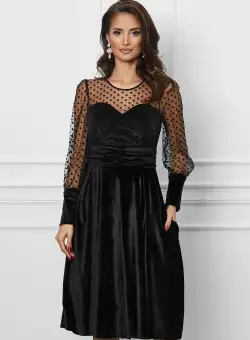 Rochie Dy Fashion neagra din catifea si tull cu buline la bust