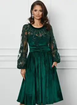 Rochie Dy Fashion verde din catifea cu broderie si paiete la bust