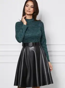 Rochie Dy Fashion verde din jerse cu fusta din piele ecologica