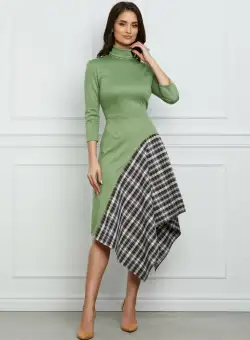 Rochie Dy Fashion verde fistic cu carouri la baza si lungime asimetrica