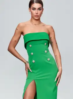 Rochie elegant verde midi cu volan la bust si slit pe picior