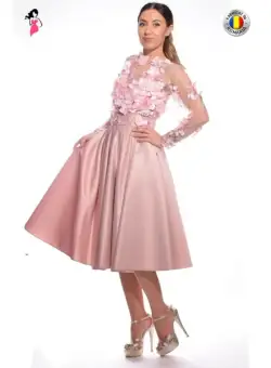 Rochie eleganta din tafta de culoare roz prafuit cu broderie florala 3D