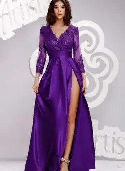 Rochie eleganta din tafta mov cu partea superioara din broderie