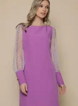 Rochie eleganta Mbg lila cu maneci din tull cu buline catifelate