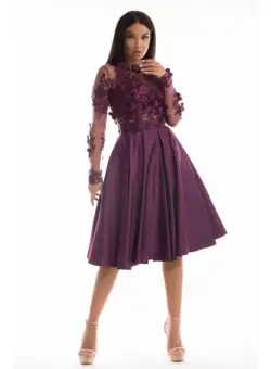 Rochie eleganta midi din tafta cu broderie din flori 3D in partea superioara