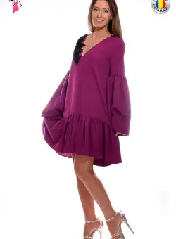 Rochie eleganta mov cu volane si broderie neagra