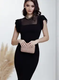 Rochie eleganta neagra conica cu volanase si colier inclus