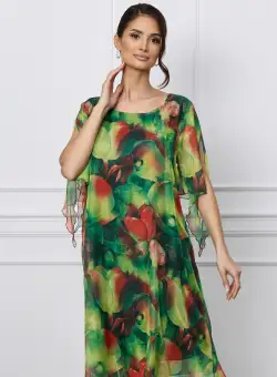 Rochie Elina verde din voal cu imprimeu corai