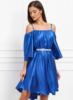 Rochie Ella Collection Amedeea albastru inchis accesorizata cu un cordon cu strasuri in talie