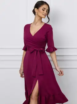 Rochie Ella Collection Arina bordo cu volane si cordon in talie