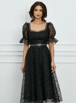 Rochie Ella neagra cu glitter si curea in talie