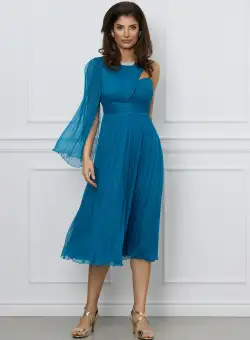Rochie Ginette turcoaz din matase cu aplicatie tip colier