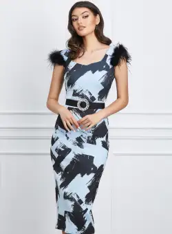 Rochie Hanna din neopren albastra cu imprimeuri negre si curea in talie