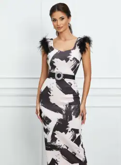 Rochie Hanna din neopren roz cu imprimeuri negre si curea in talie