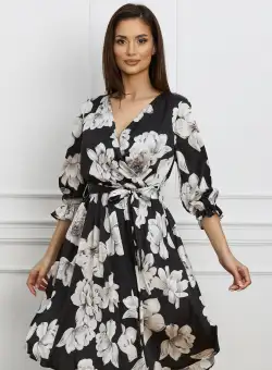 Rochie Ilona neagra cu flori albe si cordon in talie