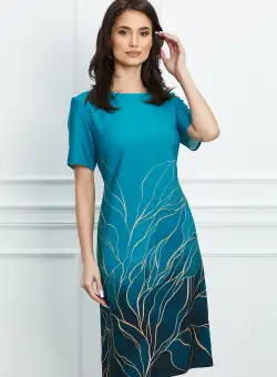 Rochie Ilona turcoaz cu imprimeu galben