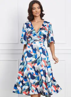 Rochie Isaura albastra cu imprimeu turcoaz