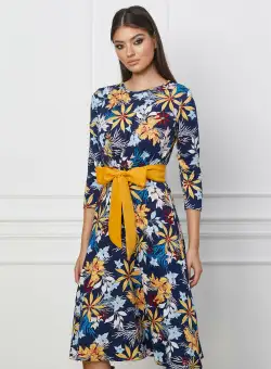 Rochie Karina bleumarin cu imprimeuri galbene si cordon in talie