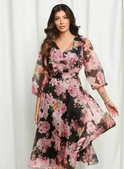 Rochie Katerina neagra cu imprimeuri roz