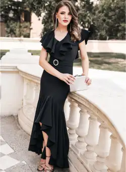 Rochie LaDonna lunga neagra cu volan si cordon in talie