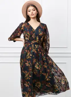 Rochie Leonard Collection bleumarin cu imprimeu maro