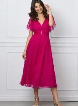 Rochie Leonard Collection magenta din matase cu strasuri in talie