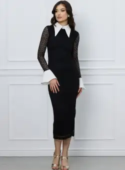 Rochie Lucia neagra din dantela cu mansete si guler alb