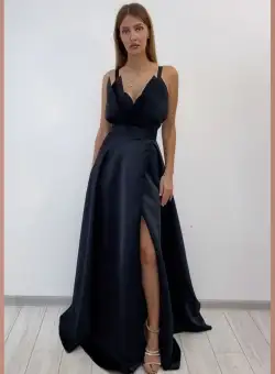 Rochie lunga din tafta neagra cu desig deosebit si slit pe picior