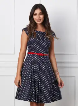 Rochie Mara bleumarin cu buline si curea in talie