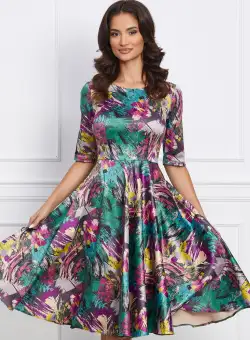 Rochie Mara verde cu imprimeuri mov