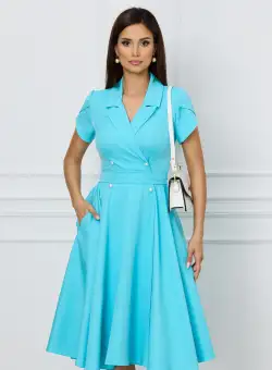 Rochie MBG bleu cu nasturi si cordon decorativ in talie