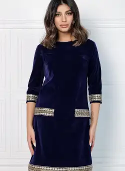 Rochie MBG bleumarin din catifea cu benzi decorative